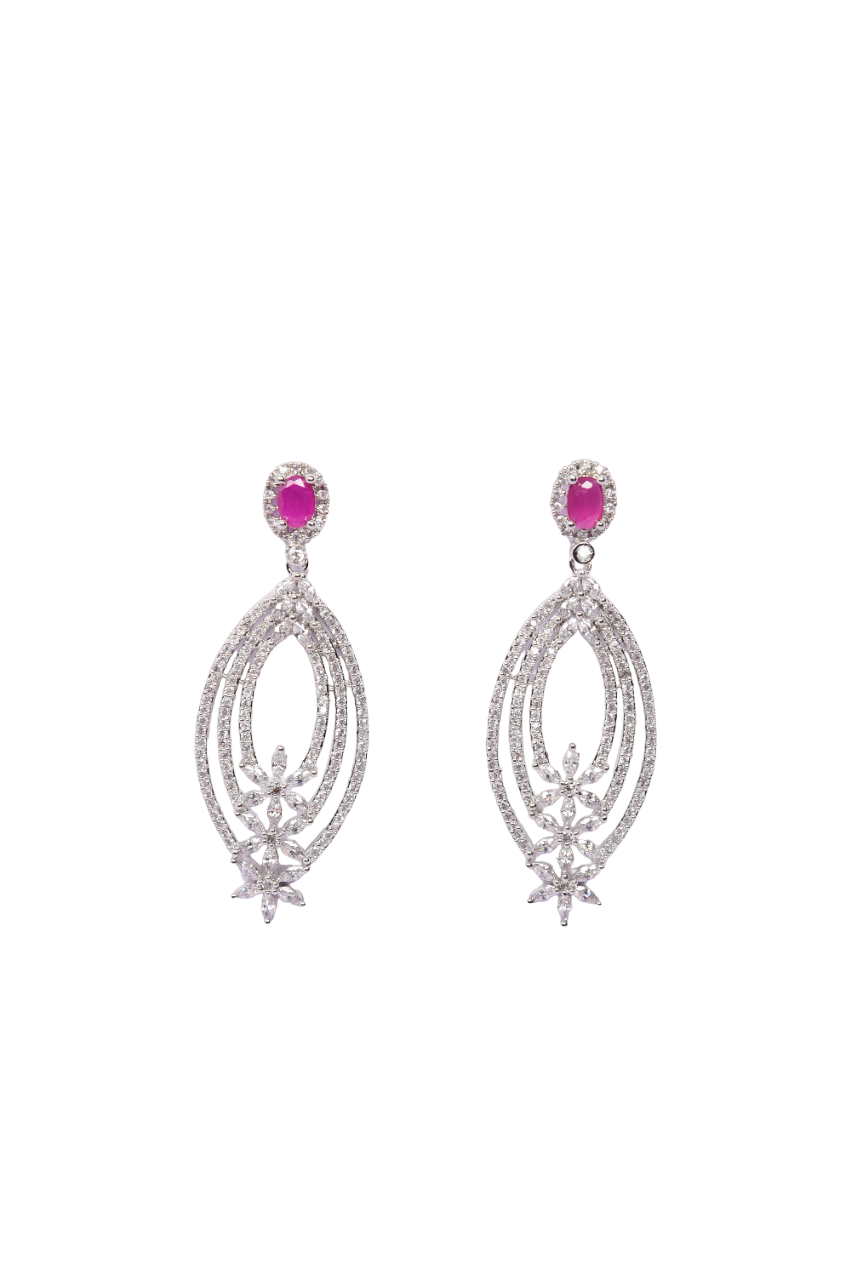 Namokriti Elegant Oval Openwork Earrings – Sparkle with Clear Stones & Ruby Accent